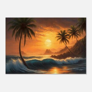 Sunset Beach Canvas Art - Ocean Waves with Palm Trees and Glowing Sunset Art - Coastal Wall Decor for Living Room, Bedroom, Beach House Art