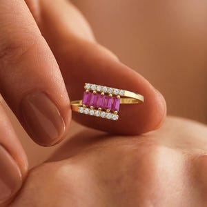 Ruby Diamond Ring • Dainty Ruby Ring With Baguette Cut Stones • Minimalist Gold Stackable Ring • Timeless Fine Jewelry Gift For Her