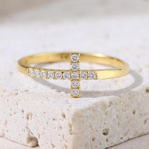 14K Gold Cross Ring – Dainty Diamond Faith Ring for Women, Religious Christian Jewelry Gift, Real Gold Minimalist Cross Ring