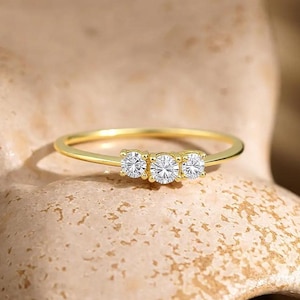 Dainty 3 Stone Diamond Ring In Solid Yellow Gold | Minimalist Stacking Ring For Women | Elegant Real Diamond Promise Ring Gift For Her