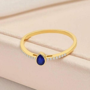 14K - 10K Gold Sapphire Teardrop Ring | Solid Gold Minimalist Ring for Her | Dainty Gift Jewelry | Elegant Everyday Ring, Gift for Her
