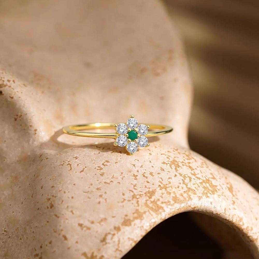 Floral Diamond Ring With Green Emerald Center In Yellow Gold | Dainty Flower Engagement Ring For Women | Unique Gold Promise Ring Gift Idea