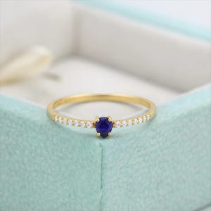 Gold Sapphire Engagement Ring with Dainty Diamond Band, Minimalist Gold Ring for Women, September Birthstone Fine Jewelry Gift