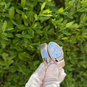 May include: A silver and rose gold wristwatch with a unique oval face and a matching flexible band. The watch face is light blue with silver hands and hour markers. The watch is held by a gloved hand against a backdrop of green foliage.