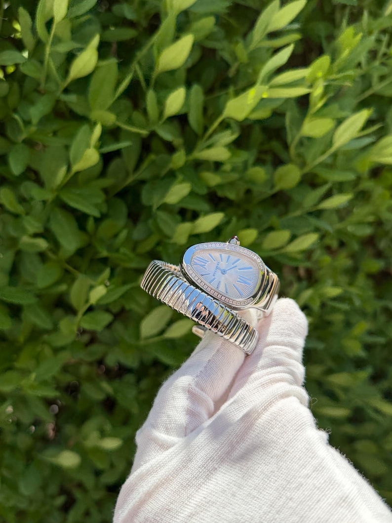 May include: A silver wristwatch with a unique oval face and a diamond-studded bezel. The watch features a light blue dial with silver hands and hour markers. The band is a flexible, ribbed design. The watch is displayed against a backdrop of green foliage.