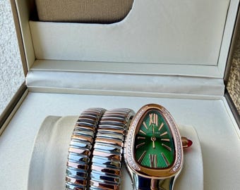 Vintage-Uhr aus Malachit, Serpentinenform, Roségold und Diamanten mit Doppelspirale