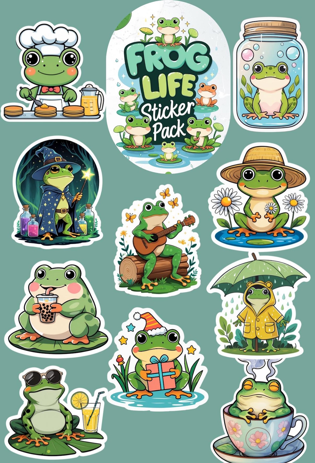 Frog Life Sticker Pack – 10 Cute Frog Vinyl Stickers – Kawaii Pond ...