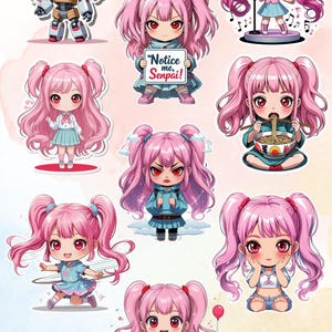 Confezione di adesivi in vinile Kasane Teto - Set di 10 adesivi Chibi carini - Fan Art UTAU - Estetica anime kawaii - Impermeabili e fustellati