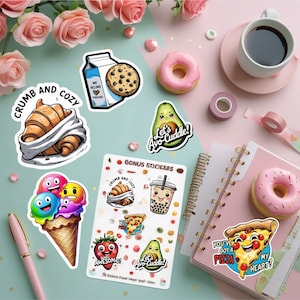 Pacchetto di adesivi kawaii con cibo – 10 adesivi in vinile con divertenti giochi di parole sul cibo + foglio bonus – Adesivi fustellati carini per diari, agende e regali