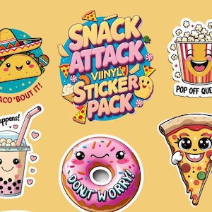 Snack Attack Vinyl Sticker Pack – Kawaii Junk Food Stickers | Funny Food Pun Stickers | Cute Laptop, Water Bottle & Journal Decals
