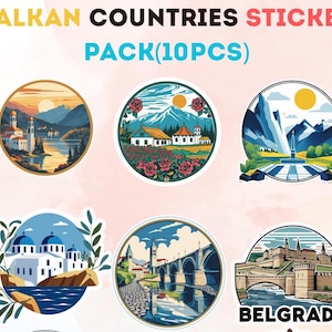 Pacchetto di adesivi dei paesi balcanici (10 pezzi) / Adesivi in vinile di viaggi e cultura / Punti di riferimento dell'Europa orientale per diari, bagagli e scrapbooking