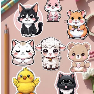 Lot d'autocollants Aniteez Fan Art (8 pcs) - Mignonnes têtes d'animaux kawaii - Lapin, chat, ours, chien, poussin et plus - Autocollants en vinyle pour journal
