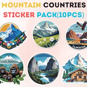Pacchetto di adesivi "Mountain Countries" (10 pezzi) / Adesivi in vinile naturalistici / Estetica di viaggio, escursionismo e avventure per bagagli e diari