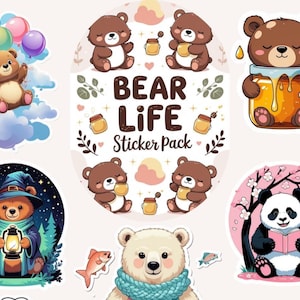 Bear Life Sticker Pack – 10 Unique Cute Bear Vinyl Stickers – Kawaii Animal Stickers – Waterproof Die Cut Bear Decals – Gift for Bear Lovers