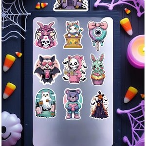 Pacchetto di adesivi horror carini - Adesivi in vinile kawaii di Halloween / Estetica gotica pastello per diari, bottiglie d'acqua e planner