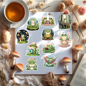Pacchetto di adesivi Cottagecore Frog – 10 adesivi in vinile estetici carini / Adesivi kawaii a forma di rana / Decorazioni Cottagecore naturali per diari