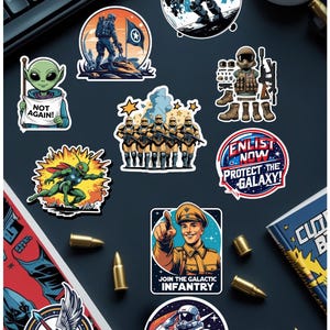 Pacote de adesivos de vinil do Comando Espacial Galáctico (10 unidades) | Adesivos de propaganda militar de ficção científica | Adesivos de vinil de guerra alienígena