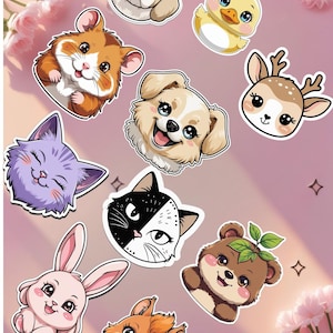 Pacchetto di adesivi con facce di animali kawaii chibi / Adesivi con simpatici animali pastello / Arte originale ispirata ad Aniteez / Adesivi in vinile per laptop