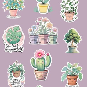 Plants & Positivity Sticker Pack – 10 Vinyl-Aufkleber + Bonus Sheet – motivierende Pflanzenzitaten, Self-Care, Journaling, Laptop, Kawaii