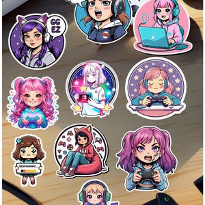 Pacchetto di adesivi in vinile Gamer Girl - 10 simpatici adesivi Chibi Gaming con controller - Estetica Kawaii Gamer per laptop, diario, bottiglia d'acqua