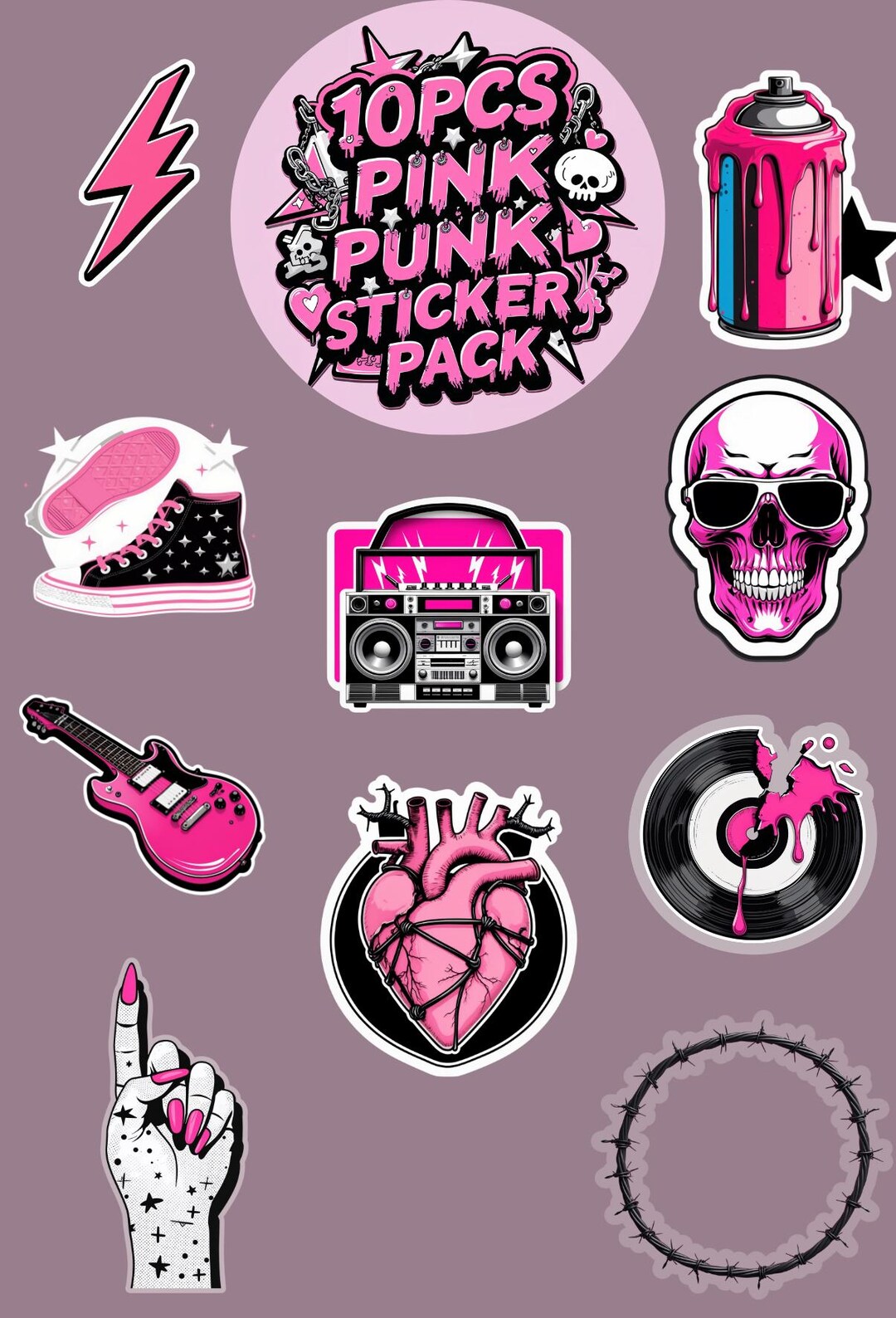 10pcs Pink Punk Sticker Pack - Die-cut Vinyl Stickers With Protective ...