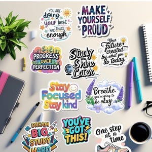 Adesivi motivazionali per studenti - Confezione di adesivi in vinile per l'ispirazione allo studio (10 pezzi) - Adesivi per laptop con citazioni positive - Adesivi per agenda scolastica