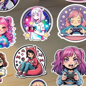 Gamer Girl Vinyl Sticker Pack – 10 Cute Chibi Gaming Stickers with Controllers – Kawaii Gamer Aesthetic for Laptop, Journal, Water Bottle