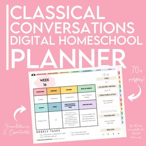 Puede incluir: Un planificador digital de educación en casa sobre un fondo rosa con el texto CLASSICAL CONVERSATIONS DIGITAL HOMESCHOOL PLANNER. La página muestra un horario semanal para la semana 16, incluyendo secciones de estructura, propósito y tareas.