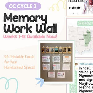 Op de afbeelding: Een digitaal educatief display met de tekst CC CYCLE 3 Memory Work Wall Weeks 1-12 Available Now! en 96 Printable Cards for Your Homeschool Space! De afbeelding toont een wandrooster met educatieve kaarten voorzien van tekst en illustraties.