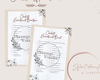 Puede incluir: Dos listas de verificación de planificación de bodas beige con detalles florales. Las listas de verificación presentan texto manuscrito en marrón, incluidas las palabras "Checklisten Hochzeitsnacht" y "Planungs Wunder". Un diseño circular e ilustraciones florales adornan las páginas.