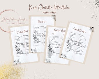Puede incluir: Una colección de cuatro listas de verificación imprimibles con detalles florales y texto escrito a mano. Las listas de verificación se titulan "Checkliste Braut", "Notfalltasche" y "Notfalltasche Gast". El fondo es beige suave con purpurina dorada.