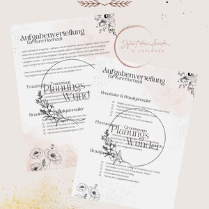 May include: Two printable wedding planning checklists with floral accents. The documents feature headings like "Tasks for Your Wedding" and "Wedding Party Tasks." The design includes decorative floral elements and handwritten-style fonts.
