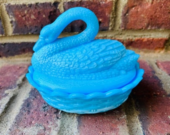 Westmoreland blue swan . Blue milk glass . Swan covered dish . Grandmillenial style . Grandma chic . Chinoiserie chic . Gift for her . Swan