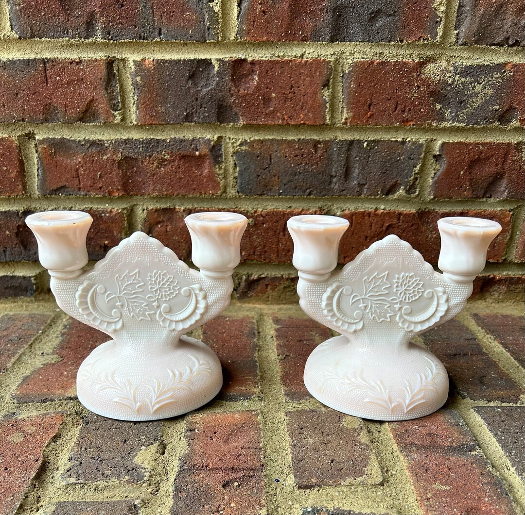 Vintage Pink Candle Holders . Set of Candle Holders . Pink Milk Glass