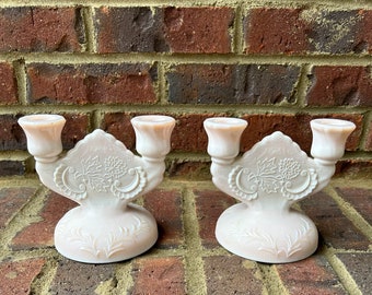 Vintage pink candle holders . Set of candle holders . Pink milk glass . Jeanette pink . Gift for her . Grandmillenial set . Chinoiserie set