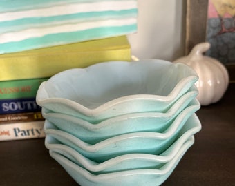 Hazel Atlas bowls . Crinoline milk glass bowls . Turquoise bowls . Milk glass bowls . Gift for her . Lot of five . Turquoise crinoline .