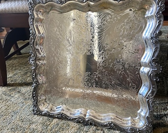 Square silver tray . Chinoiserie chic . Antique silver tray . Silver farmhouse . Grandmillenial style . Vintage silver tray . Gift for her