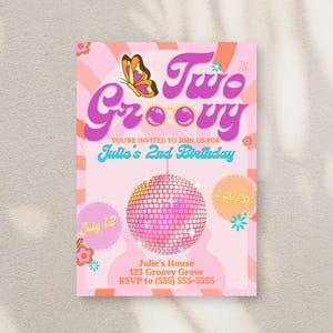 Twee groovy verjaardagsuitnodiging – uitnodiging 2e verjaardag discofeestje – bewerkbare retro-afdrukbaar voor meisjes