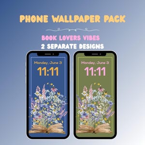 Book Lover Phone Wallpaper Set – Floral Botanical Digital Download – 2 Pack Reading Aesthetic Backgrounds