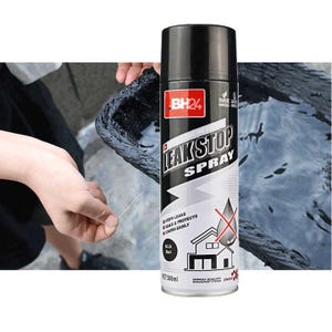 May include: Black and white can of Leak Stop Spray. The can has a black top and a white label with the product name, a house graphic, and the text "Stops leaks, seals & protects, covers easily." The can contains 500ml.