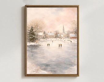 May include: A framed watercolour painting shows a winter scene with a frozen lake and a village. People are ice skating on the lake. The painting has a soft colour palette of pink, white, and brown.