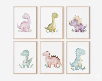 Watercolor Dinosaur Nursery Prints | Set of 6 Dino Wall Art (Digital Download)