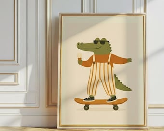 Arte infantil de monopatín de cocodrilo, estampado animal retro (descarga digital)