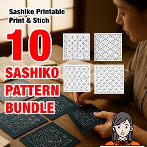 10x Sashiko Pattern Set | PDF & Jpeg Format | Sashiko Embroidery Patterns, Peel and Stick method, Printable PDF, Digital Download, DIY