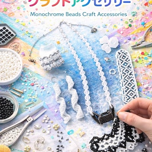 May include: A colorful image showcasing craft accessories and beads. Featured are beaded necklaces, earrings, and bracelets in white and black. The image also includes tools, spools of thread, and the text "Monochrome Beads Craft Accessories".