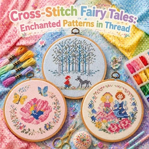 May include: Three cross-stitch embroidery hoops with fairy tale designs, including a forest scene, a flower with butterflies, and two princesses. The image also shows embroidery floss, scissors, and the text "Cross-Stitch Fairy Tales: Enchanted Patterns in Thread."
