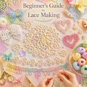 Puede incluir: Una colección de artículos de encaje hechos a mano, incluyendo lazos, corazones y diseños florales, dispuestos sobre una superficie clara. La imagen presenta el texto "Beginner's Guide to Lace Making" y varias herramientas de artesanía, mostrando el arte de la creación de encaje.