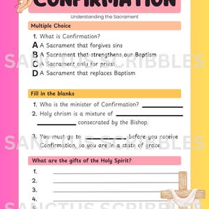 May include: A Confirmation study guide with multiple-choice and fill-in-the-blank questions. The title "CONFIRMATION" is in large pink letters. A small illustration of an angel is in the upper left corner. A wooden cross is in the lower right.