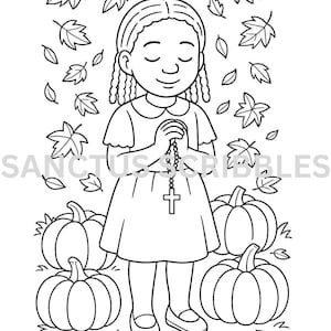 May include: Black and white illustration of a girl with braids, holding a rosary with a cross, surrounded by falling leaves and pumpkins. The text "SANCTUS SCRIBBLES" is visible on the left side.