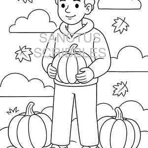 Può includere: Illustrazione in bianco e nero di una persona che tiene in mano una zucca, con un'aureola sopra la testa. Il testo "SANCTUS SCRIBBLES" è sulla felpa con cappuccio della persona. Zucca e foglie sullo sfondo.